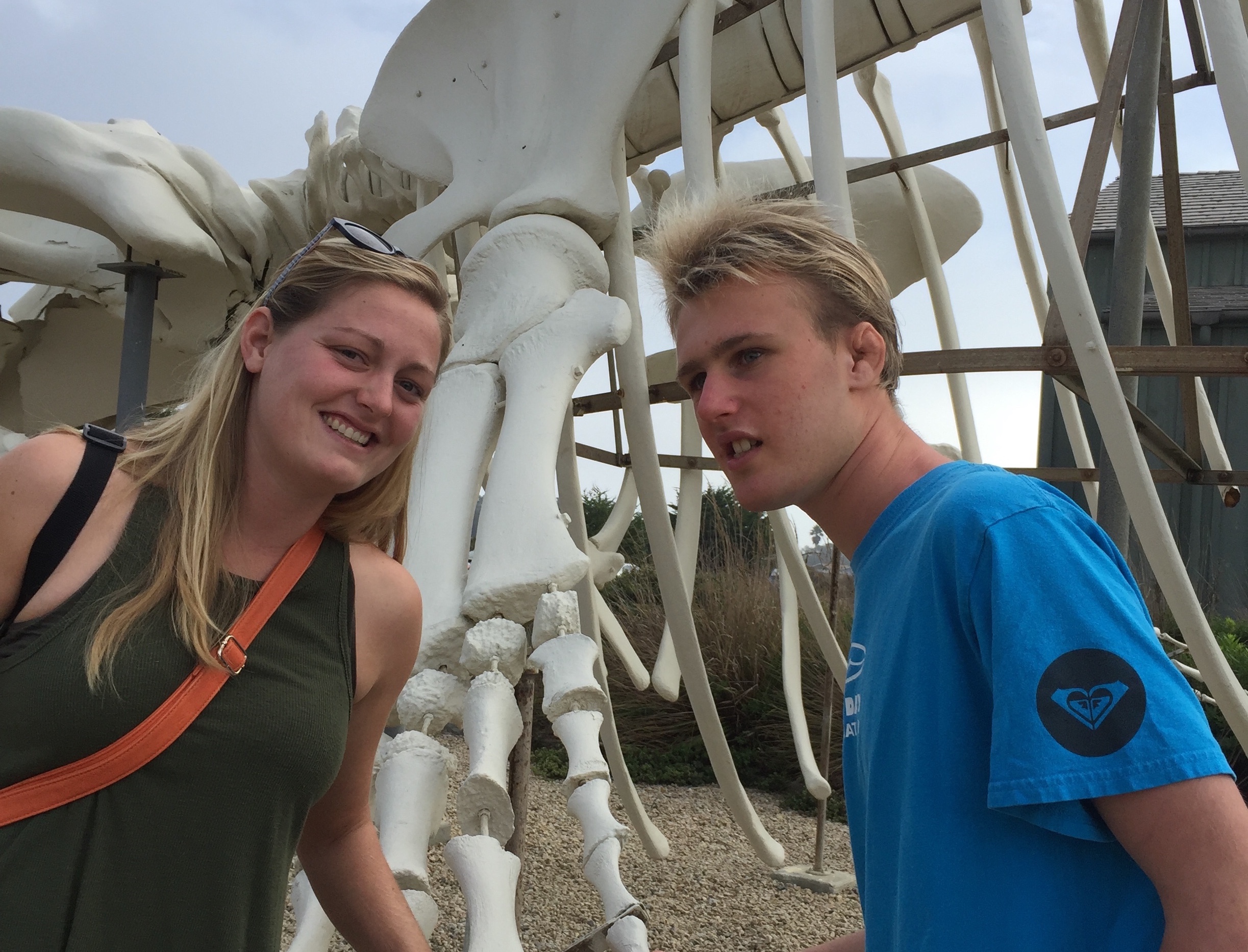 A student and an aide with a life-size sculpture of a whale skeleton